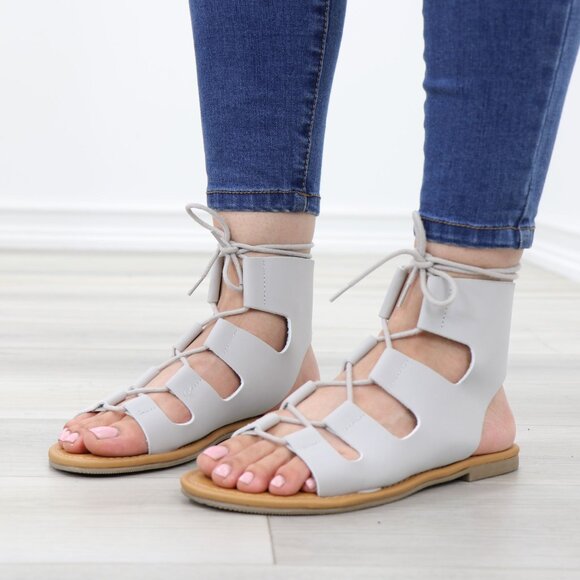 Gray Gladiator Laced-Up Bootie Style Flat Sandals - Picture 13 of 14